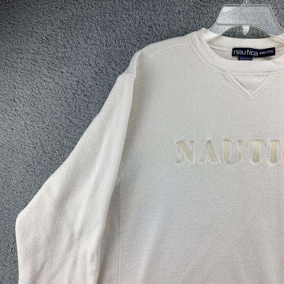 Nautica Mens Sweater Size XXL Ivory Heavyweight Spellout Embroidered Banded Hem - Picture 3 of 12